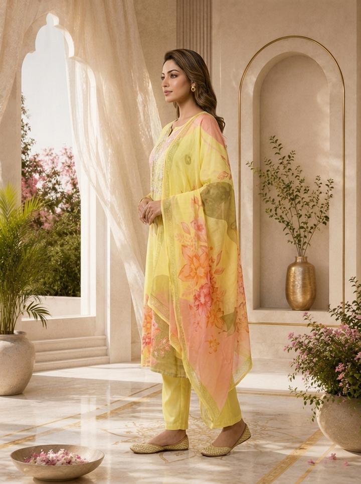 Lemon Floral Beads Embroidery And Printed Linen Satin Three Piece Set