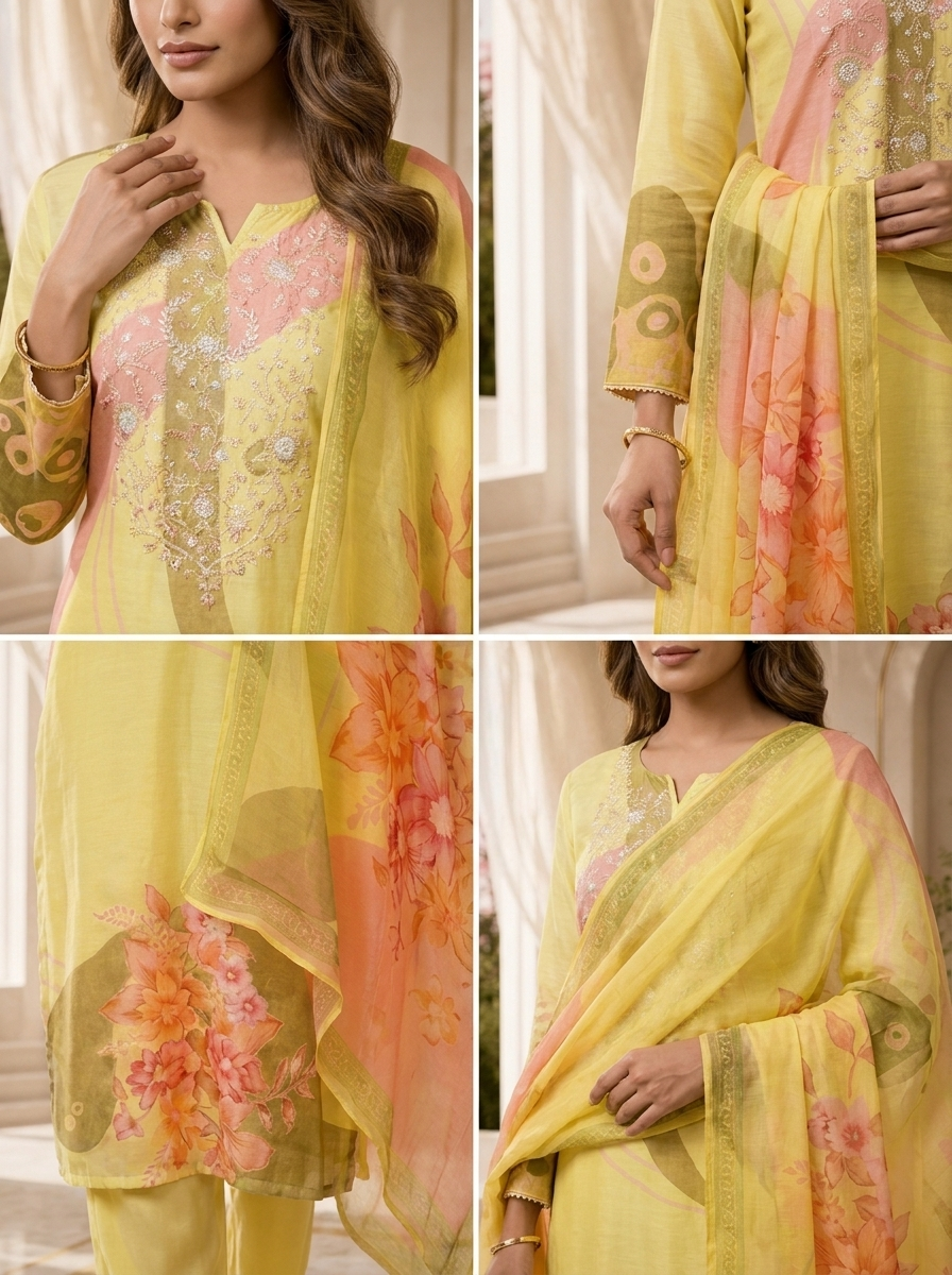 Lemon Floral Beads Embroidery And Printed Linen Satin Three Piece Set
