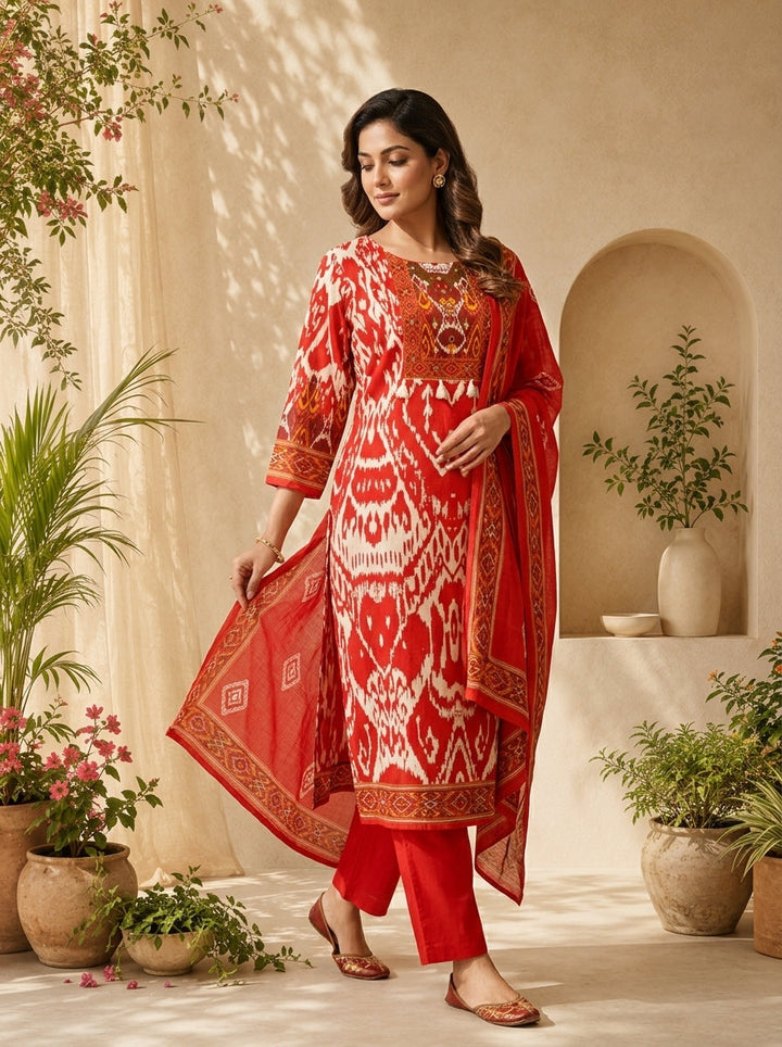 Red And White Ikat Printed And Sequins Embroidery Three Piece Set