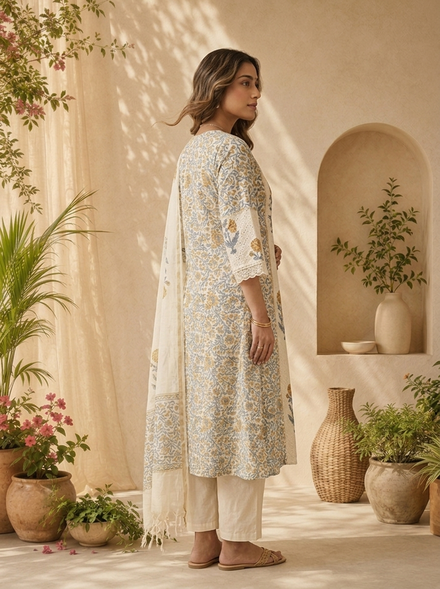 Blue Cotton Floral Printed And Chikankari Three Piece Set