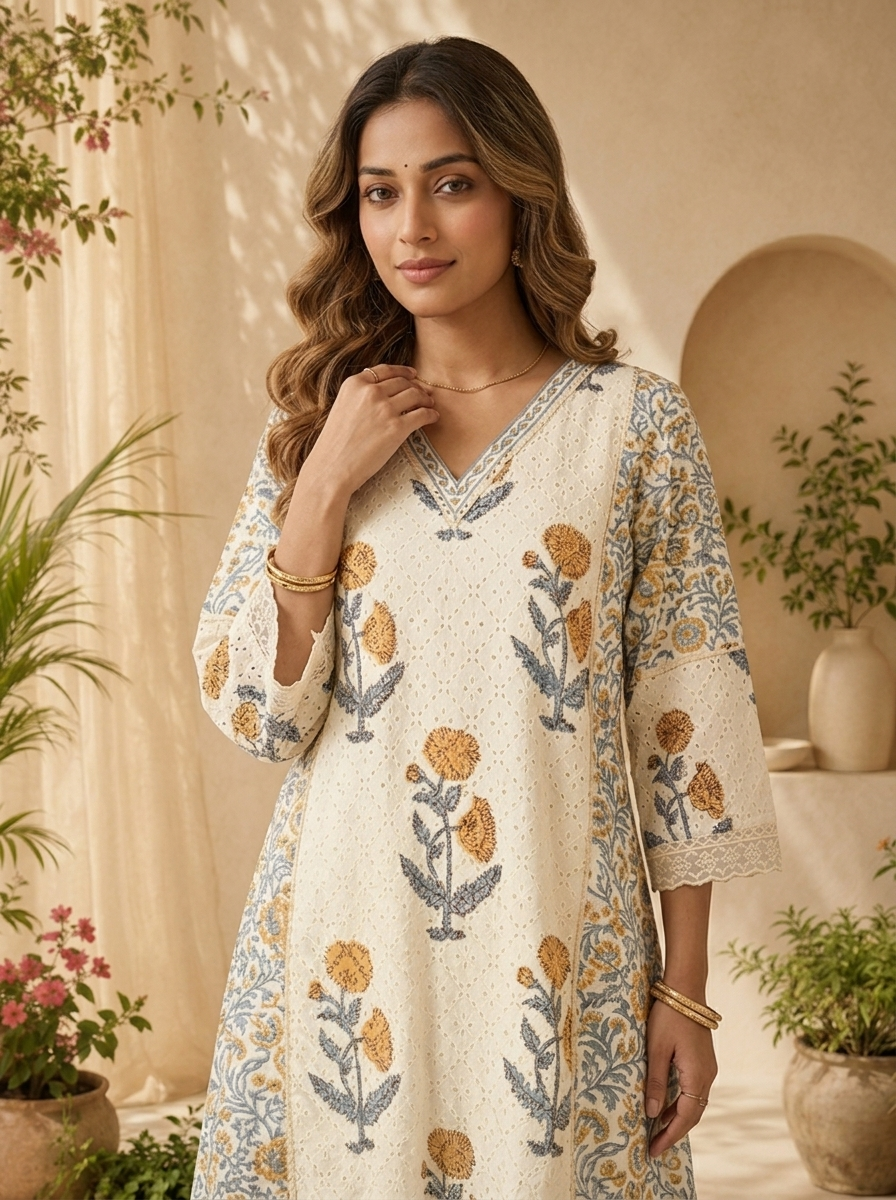 Blue Cotton Floral Printed And Chikankari Three Piece Set