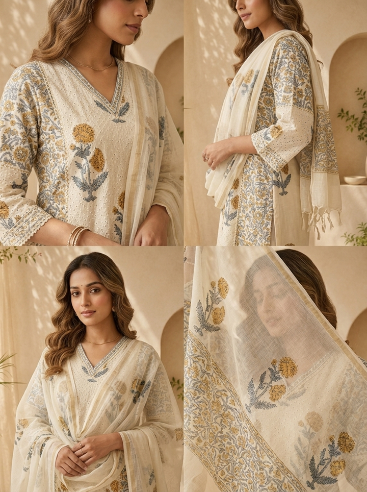 Blue Cotton Floral Printed And Chikankari Three Piece Set