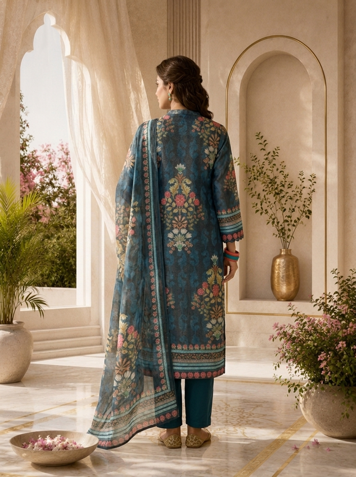 Teal Blue Tissue Floral Motif Printed Three Piece Set With Digital Printed Dupatta