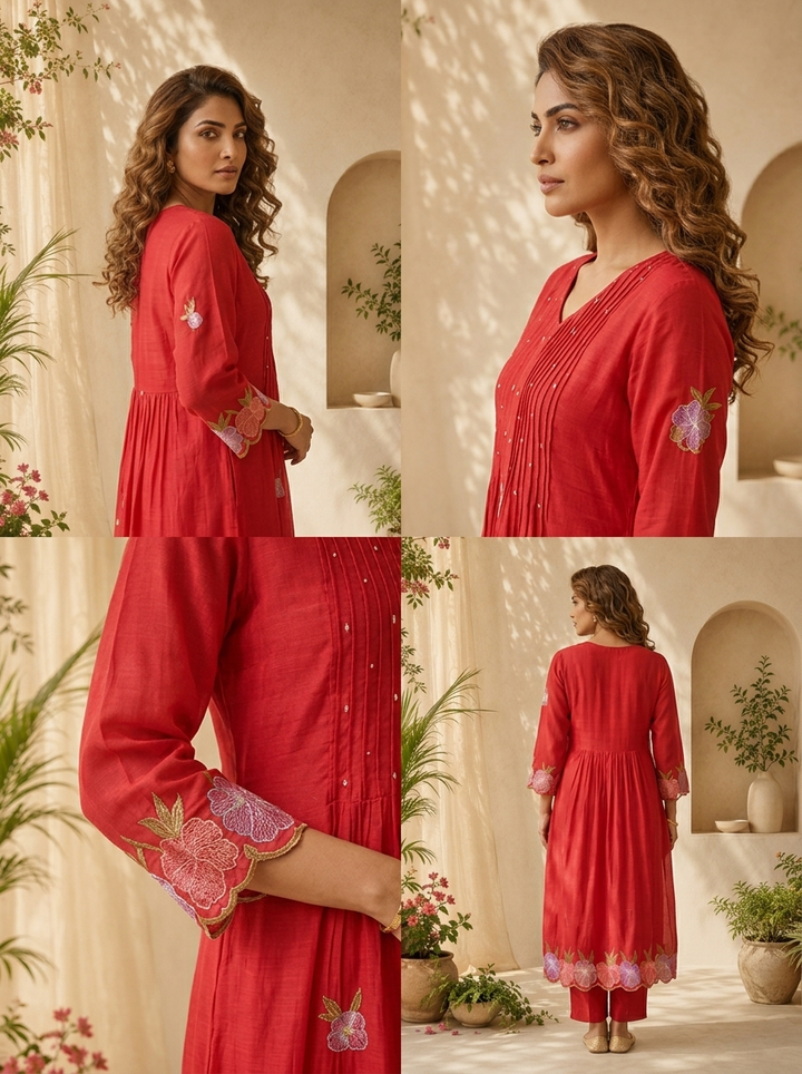 Rani Pink Muslin Pleated And Floral Thread Embroidery Three Piece Set
