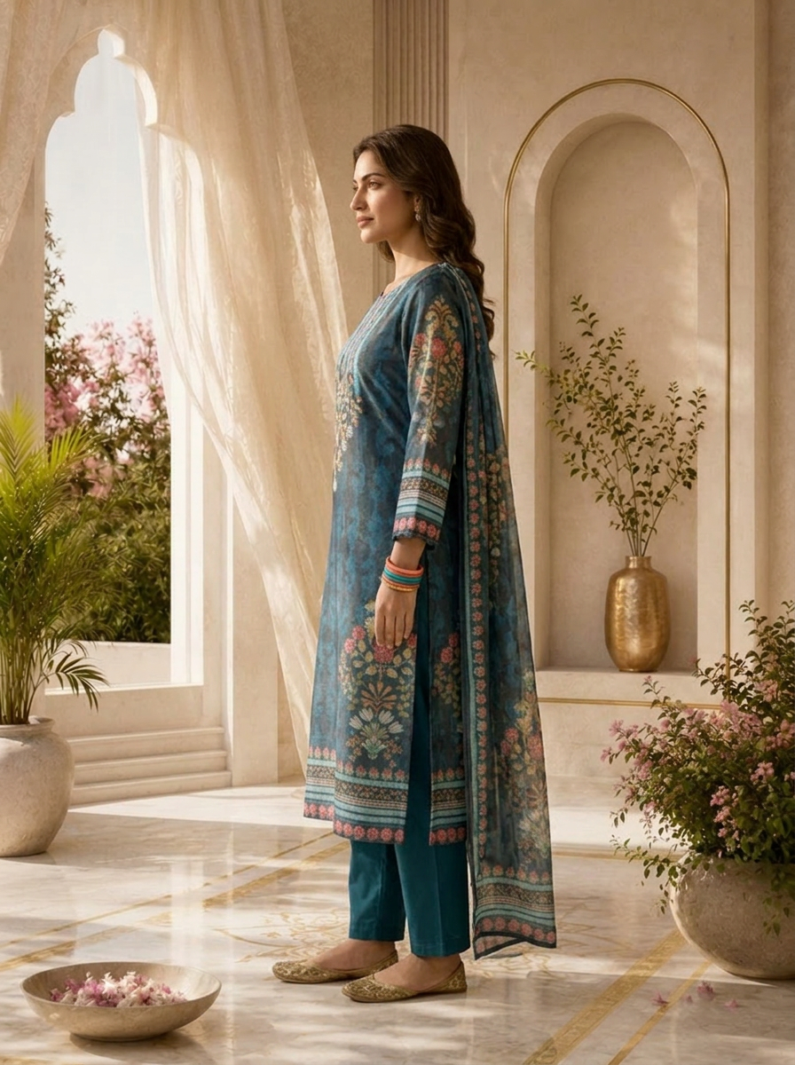 Teal Blue Tissue Floral Motif Printed Three Piece Set With Digital Printed Dupatta