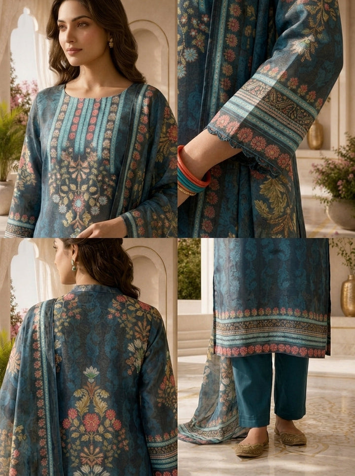 Teal Blue Tissue Floral Motif Printed Three Piece Set With Digital Printed Dupatta