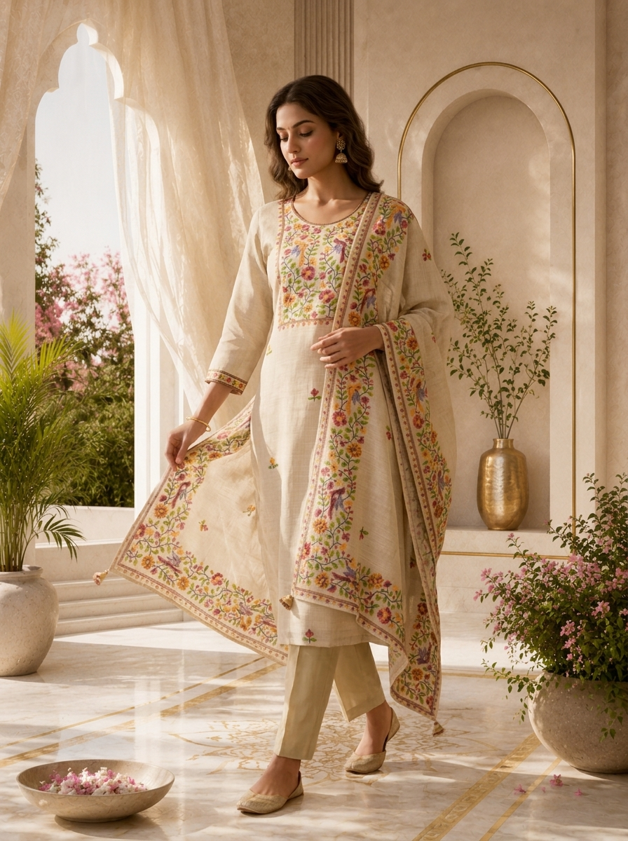 Beige Linen Solid Design Three Piece Set With Thread Embroidery Dupatta