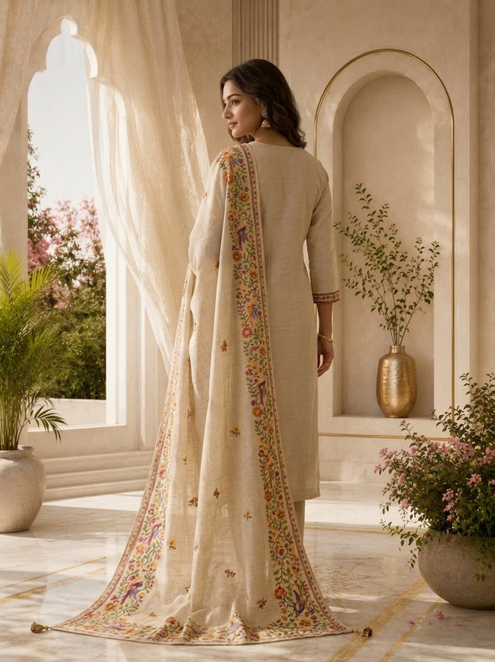 Beige Linen Solid Design Three Piece Set With Thread Embroidery Dupatta