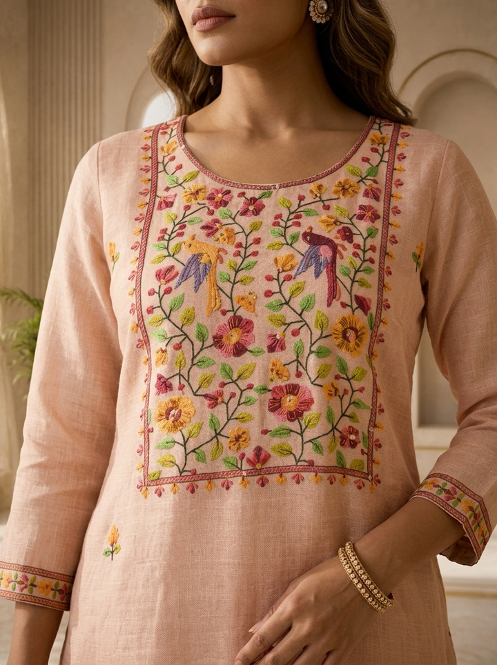 Baby Pink Linen Floral Printed Three Piece Set