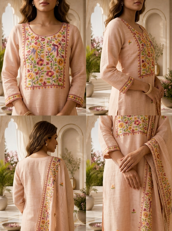 Baby Pink Linen Floral Printed Three Piece Set