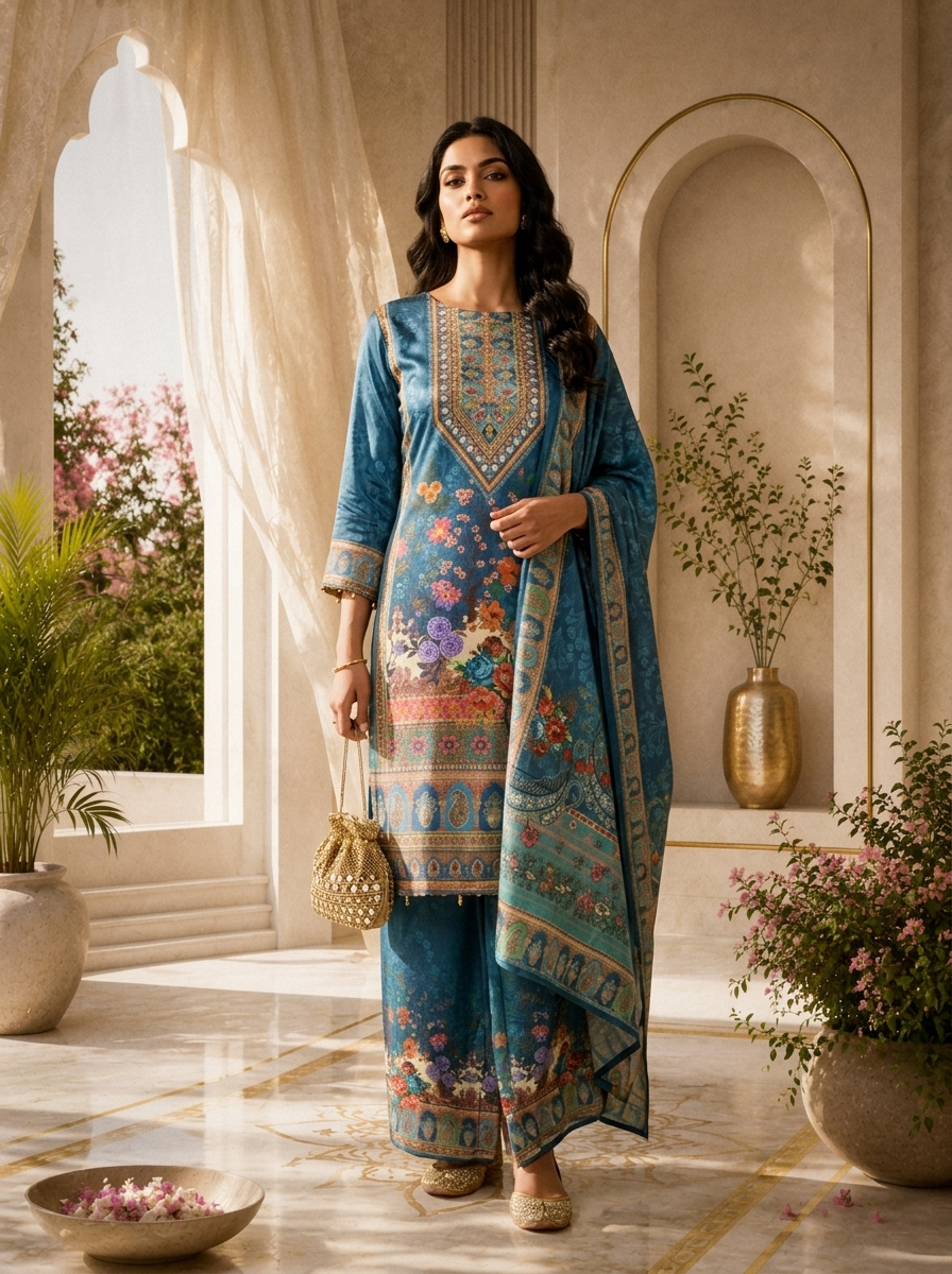 Teal Crepe Paisley Digital Printed Three Piece Set