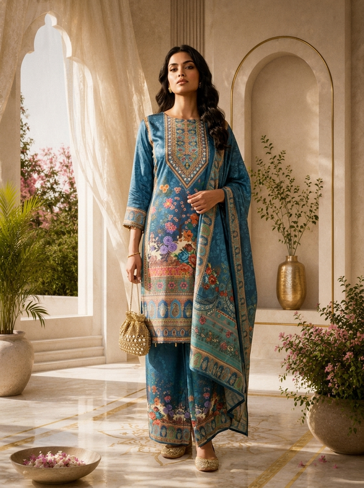 Teal Crepe Paisley Digital Printed Three Piece Set