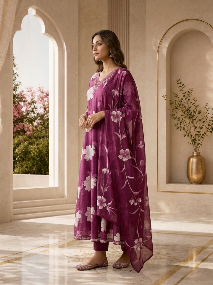 Purple Cotton Floral Printed And Beads Embroidery Three Piece Set