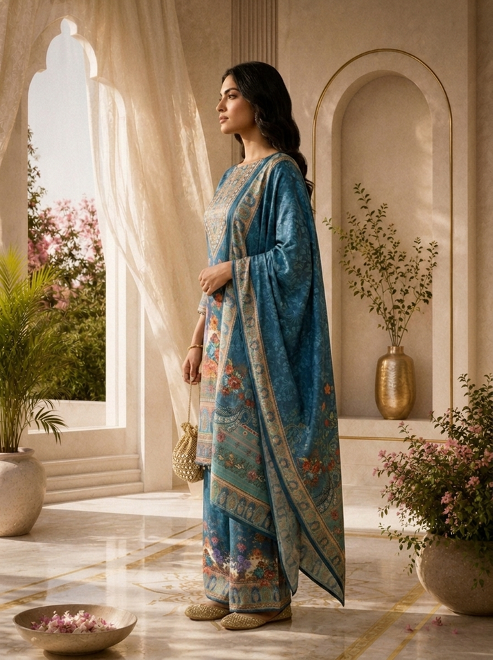 Teal Crepe Paisley Digital Printed Three Piece Set