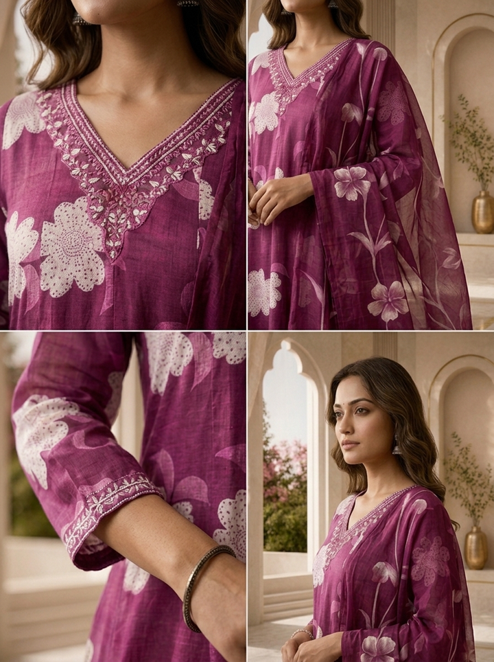 Purple Cotton Floral Printed And Beads Embroidery Three Piece Set