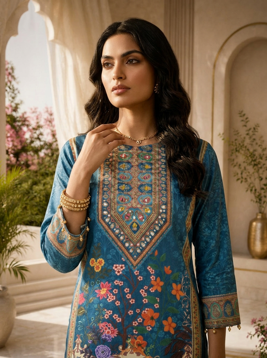 Teal Crepe Paisley Digital Printed Three Piece Set