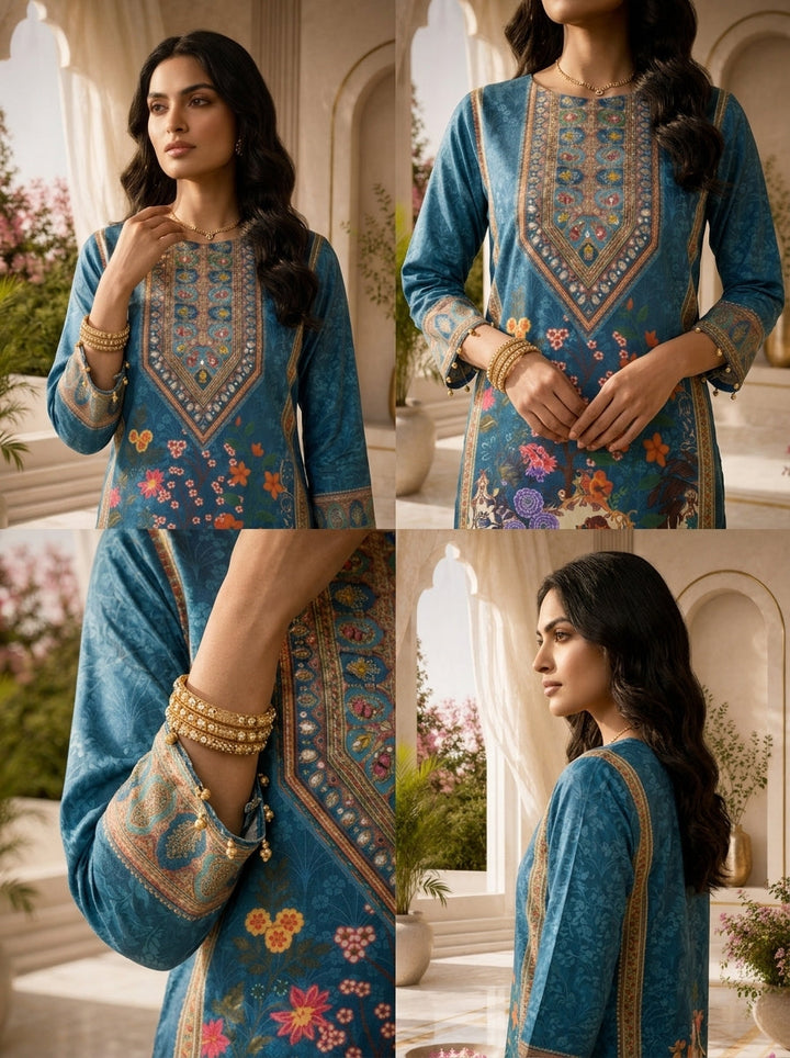 Teal Crepe Paisley Digital Printed Three Piece Set
