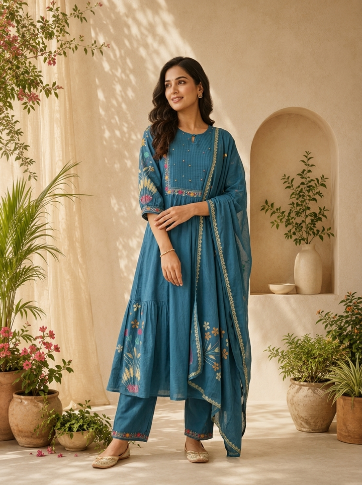 Teal Pleated Design And Floral Printed Cotton Three Piece Set