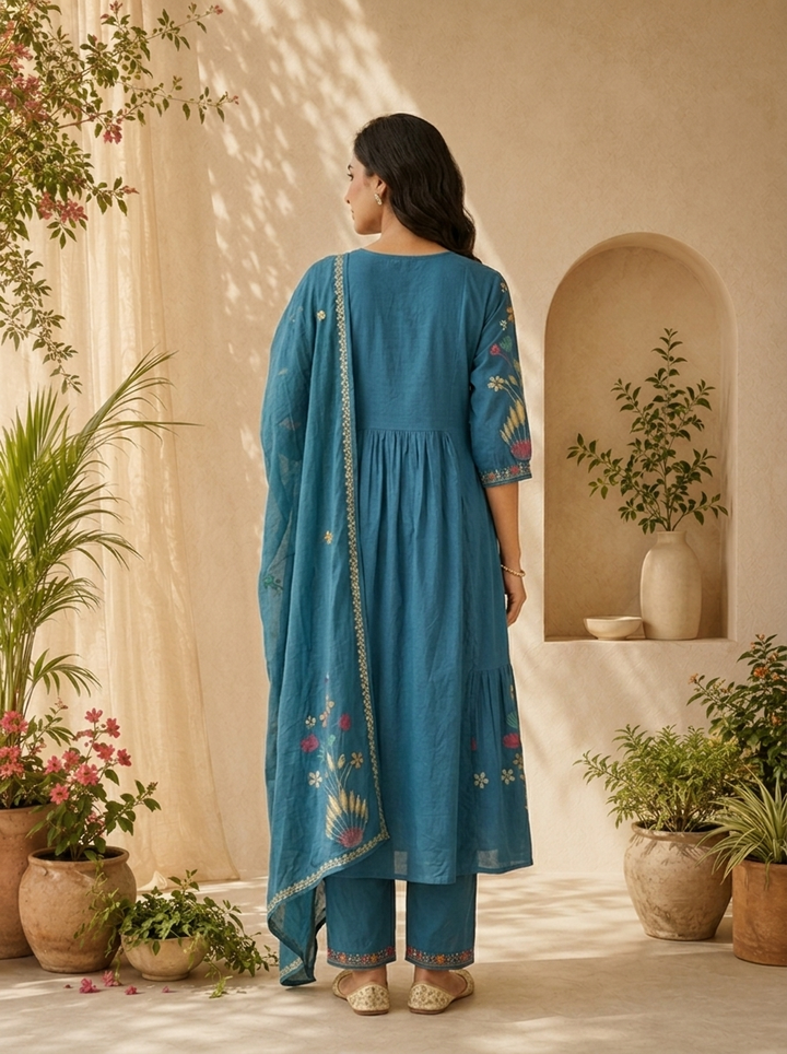 Teal Pleated Design And Floral Printed Cotton Three Piece Set