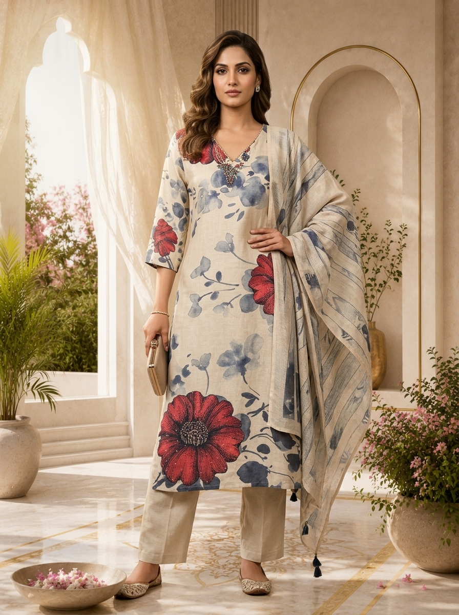 Off White Linen Floral Printed Three Piece Set
