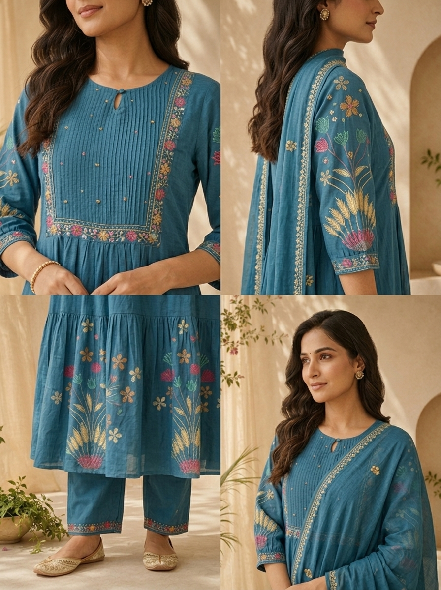 Teal Pleated Design And Floral Printed Cotton Three Piece Set