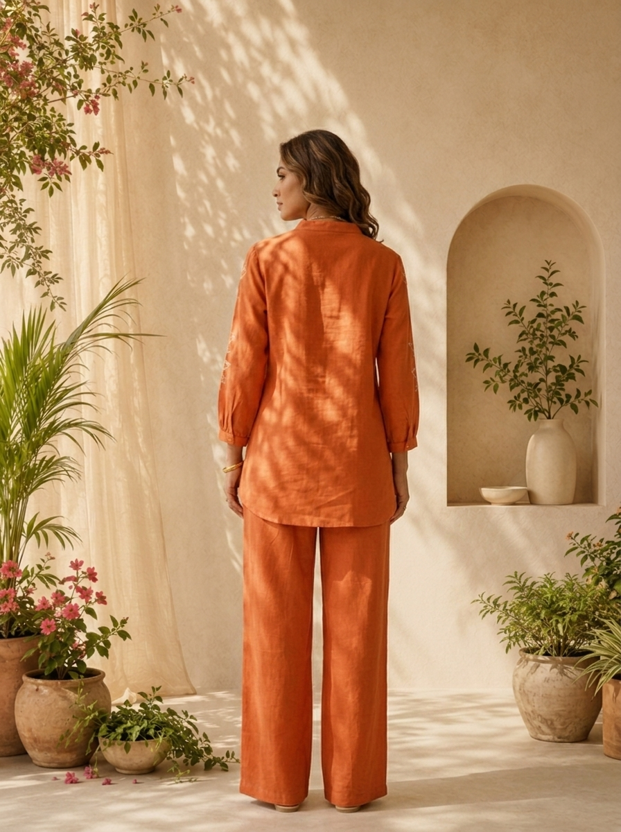 Burnt Orange Solid Design And Floral Thread Embroidery Two Piece Set