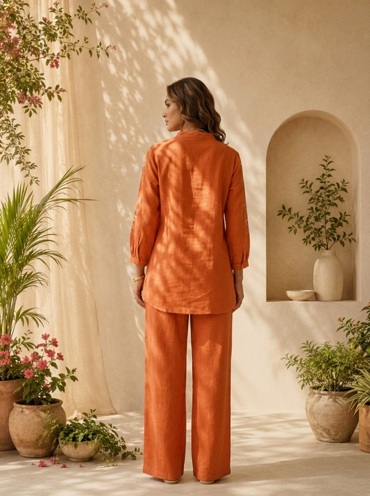 Burnt Orange Solid Design And Floral Thread Embroidery Two Piece Set
