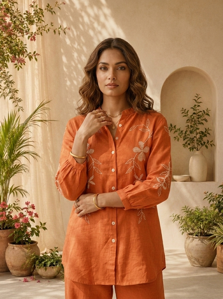 Burnt Orange Solid Design And Floral Thread Embroidery Two Piece Set