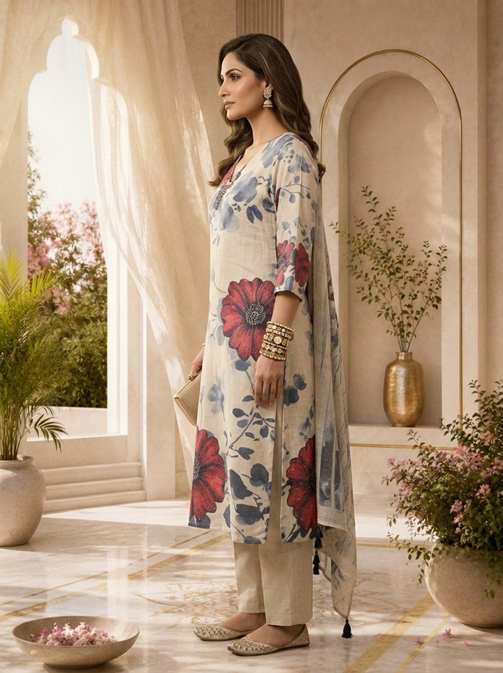 Off White Linen Floral Printed Three Piece Set