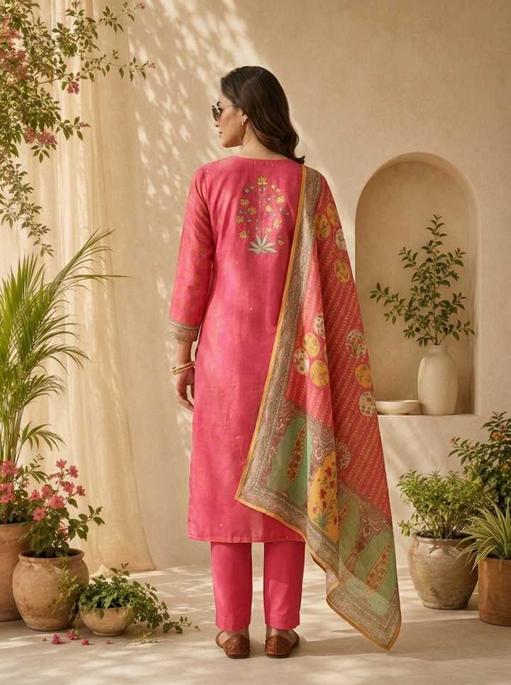 Magenta Paisley Motif Printed Three Piece Set