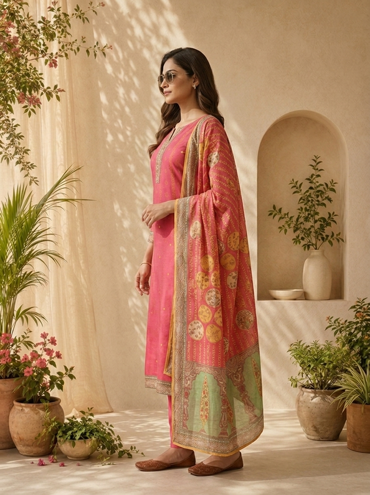 Magenta Paisley Motif Printed Three Piece Set
