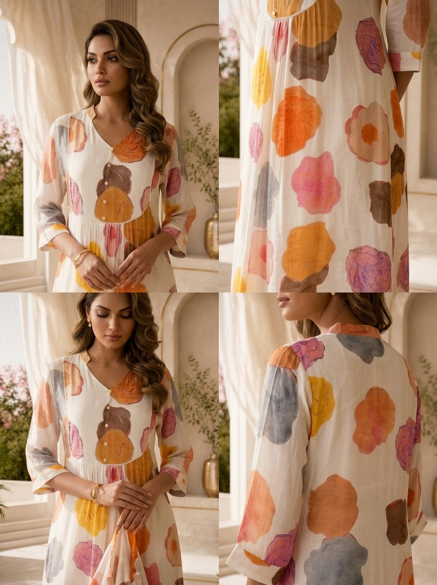White Crepe Multi-Colour Dot Printed Kurta