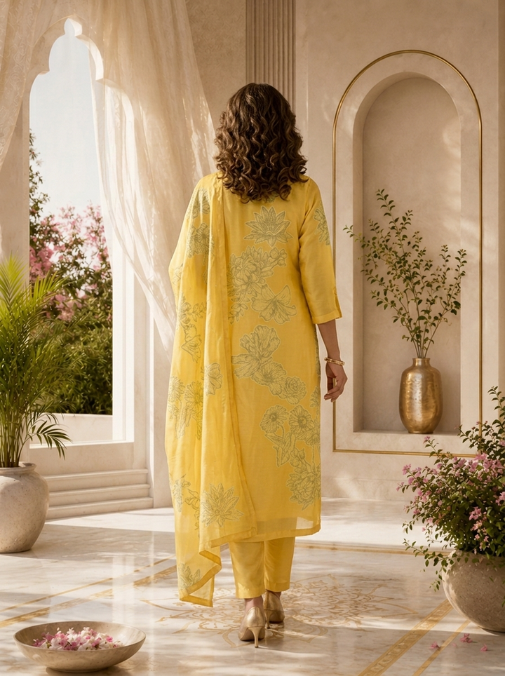 Yellow Muslin Floral Printed Three Piece Set