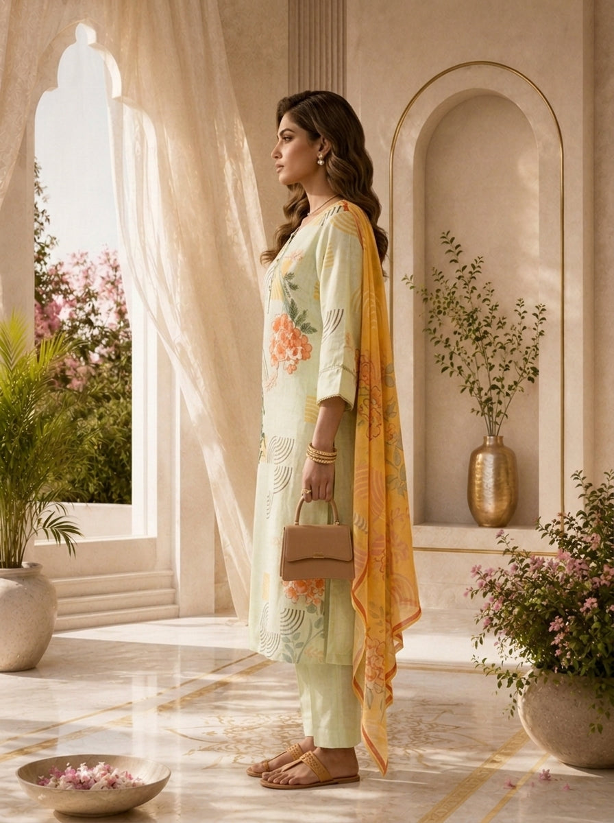 Pista Linen Floral Printed Three Piece Set