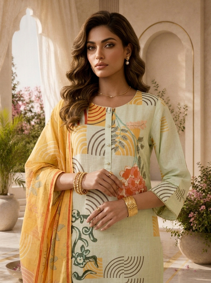 Pista Linen Floral Printed Three Piece Set
