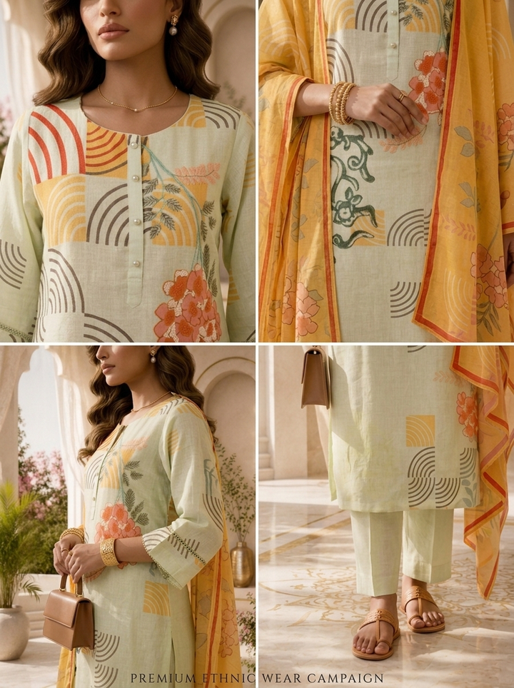 Pista Linen Floral Printed Three Piece Set