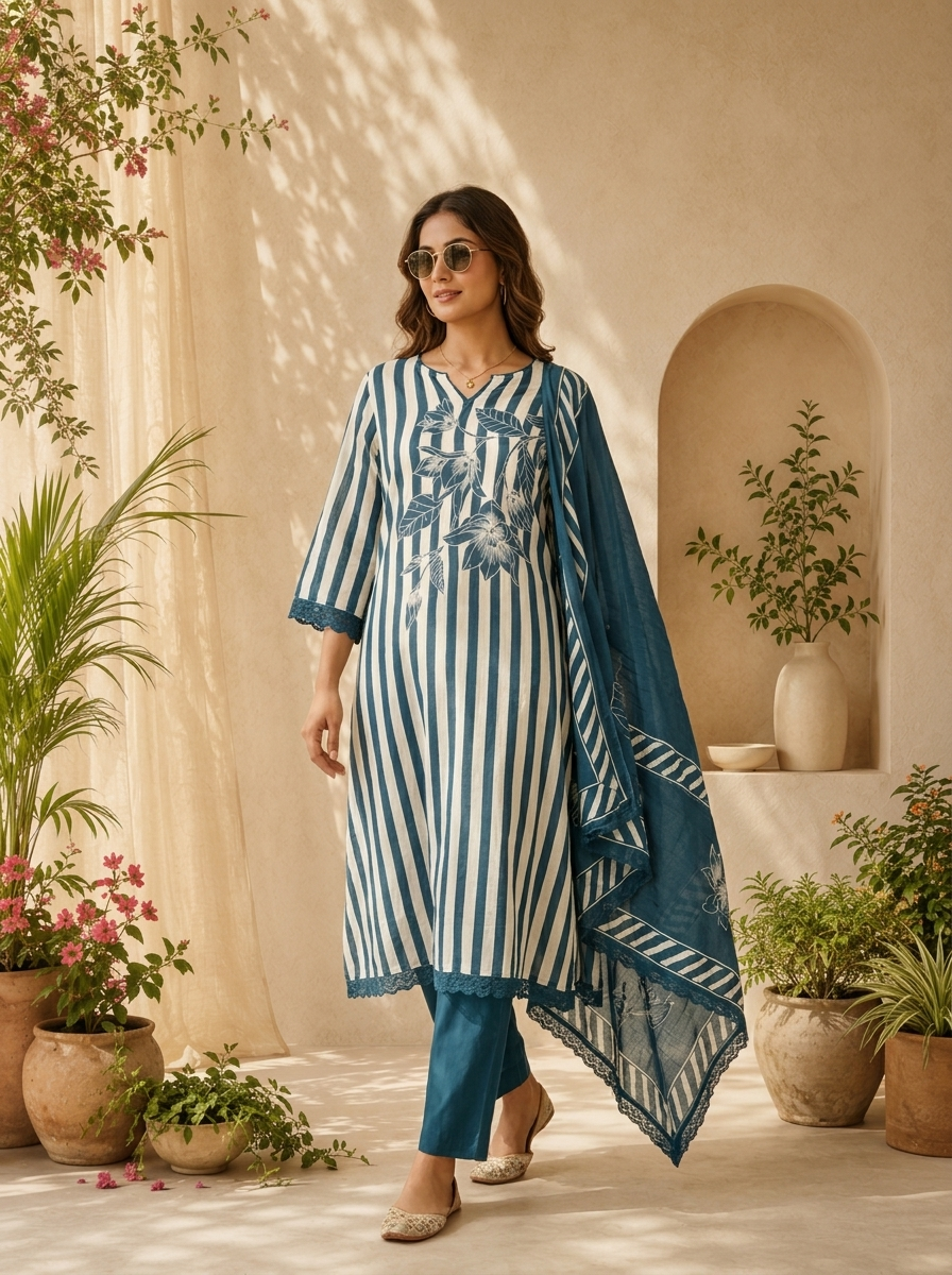 Rama Cotton Stripe And Floral Printed Three Piece Set