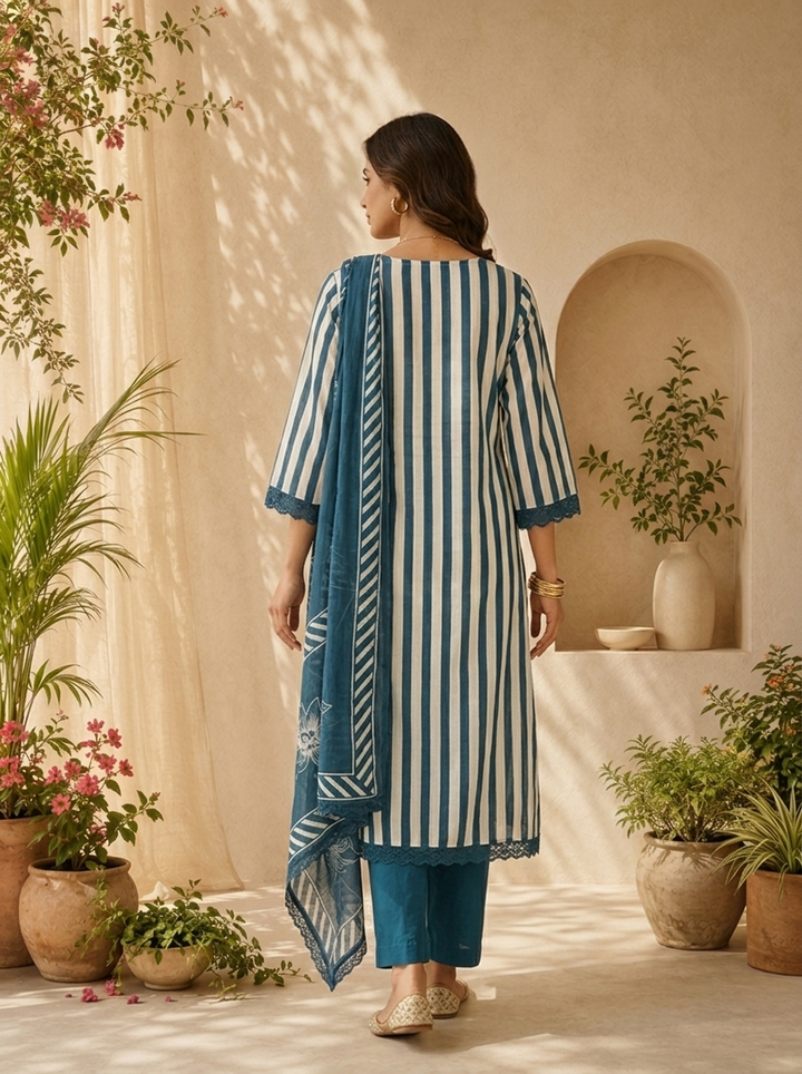 Rama Cotton Stripe And Floral Printed Three Piece Set