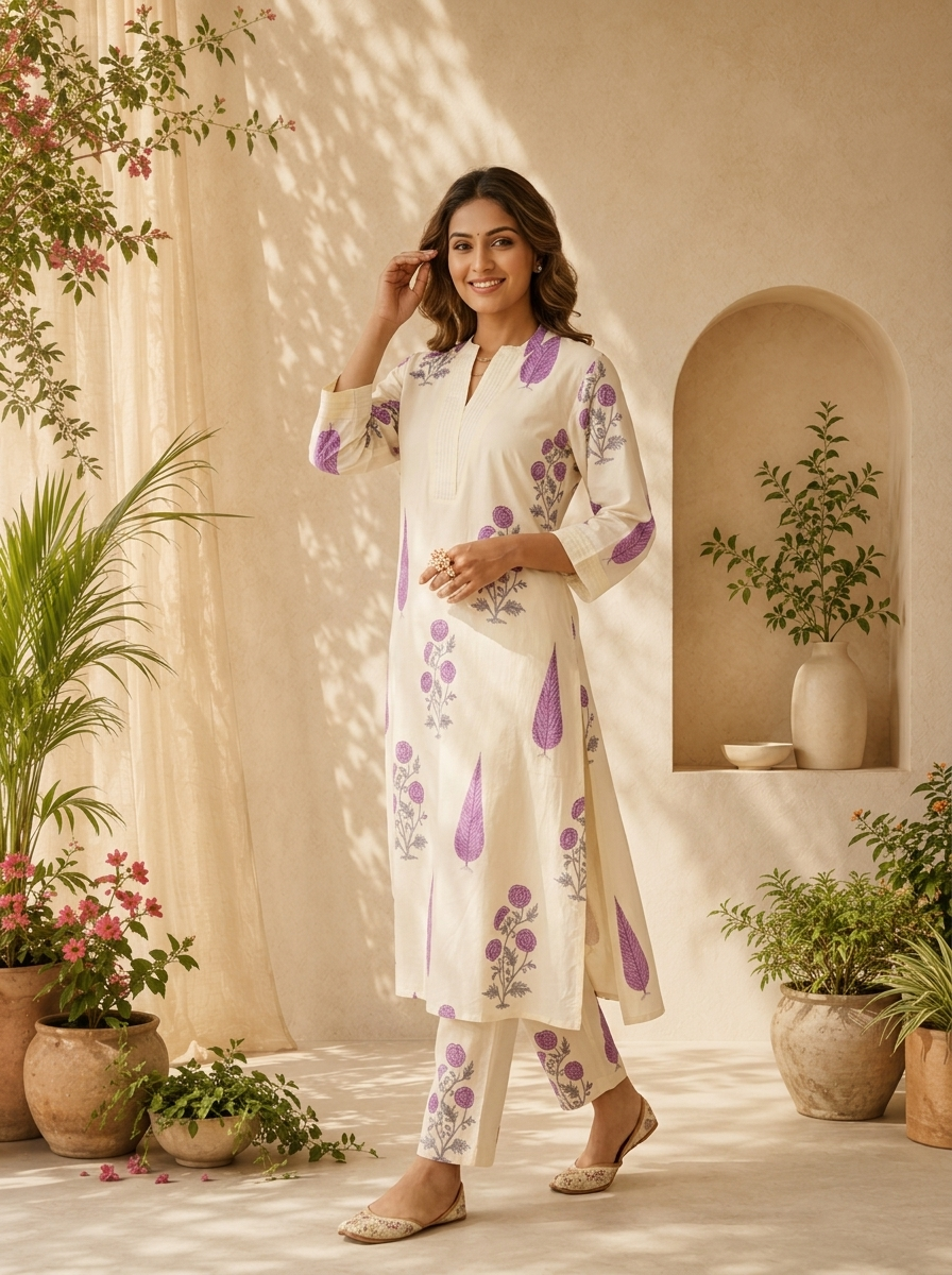 Lavender Cotton Floral Printed And Pleated Two Piece Set