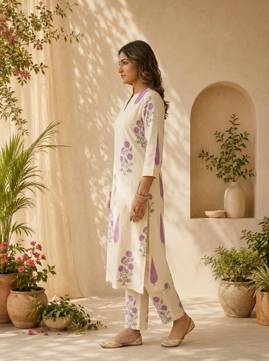 Lavender Cotton Floral Printed And Pleated Two Piece Set