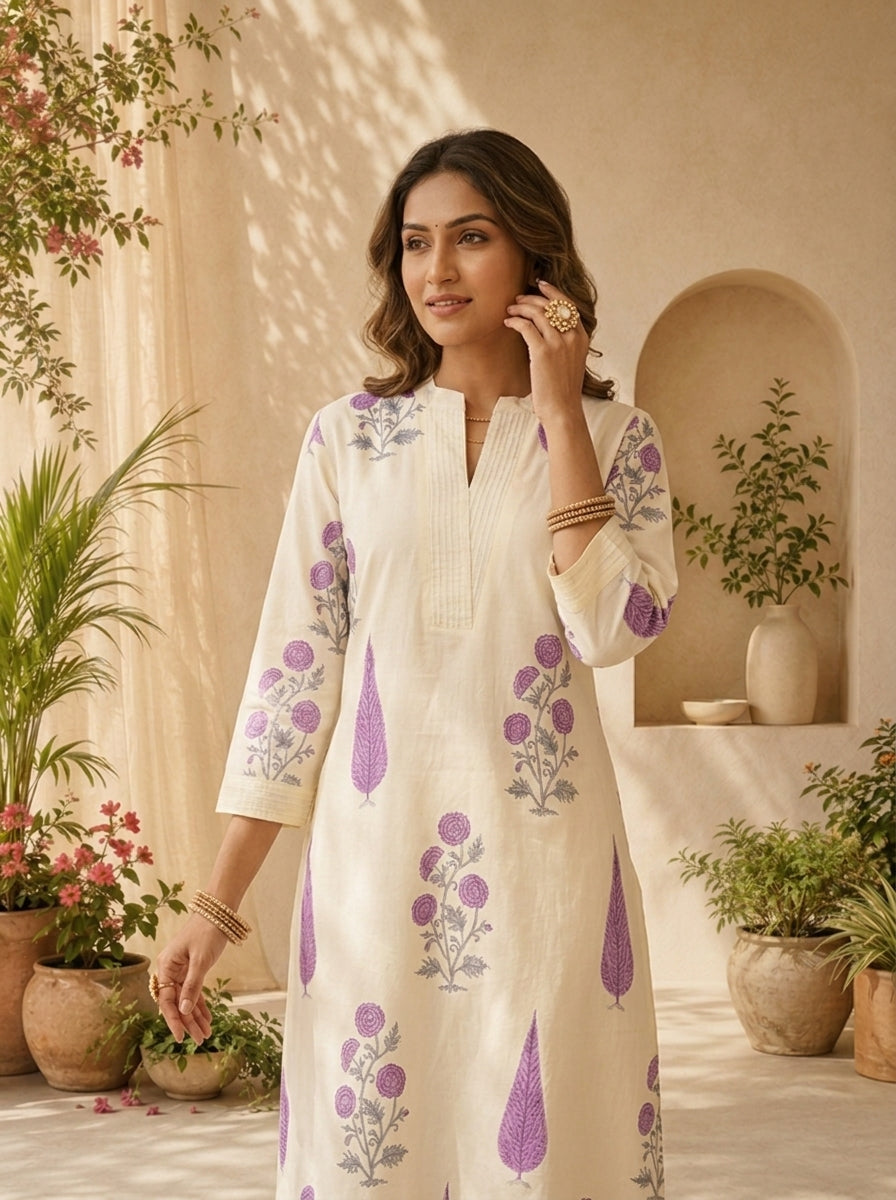 Lavender Cotton Floral Printed And Pleated Two Piece Set