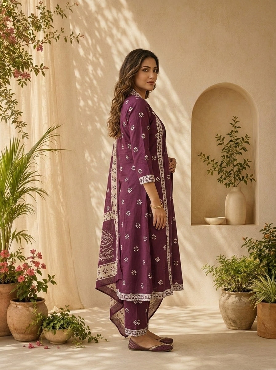 Wine Cotton Printed And Beads Embroidered Three Piece Set