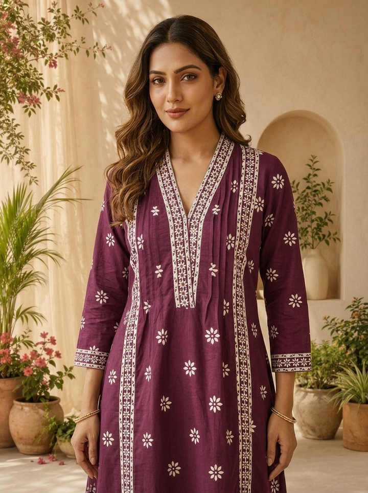 Wine Cotton Printed And Beads Embroidered Three Piece Set
