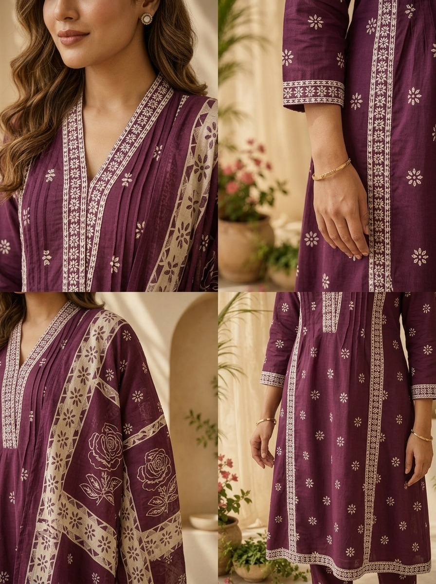 Wine Cotton Printed And Beads Embroidered Three Piece Set