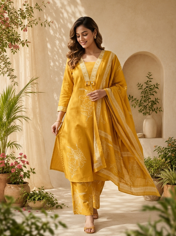 Mustard Floral Thread Embroidery And Patch Embroidery Cotton Three Piece Set