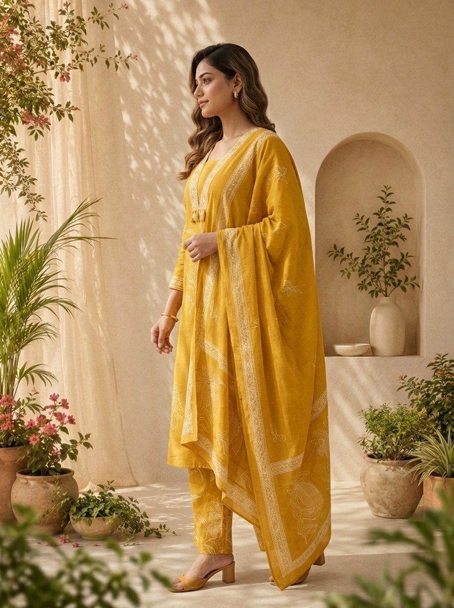 Mustard Floral Thread Embroidery And Patch Embroidery Cotton Three Piece Set
