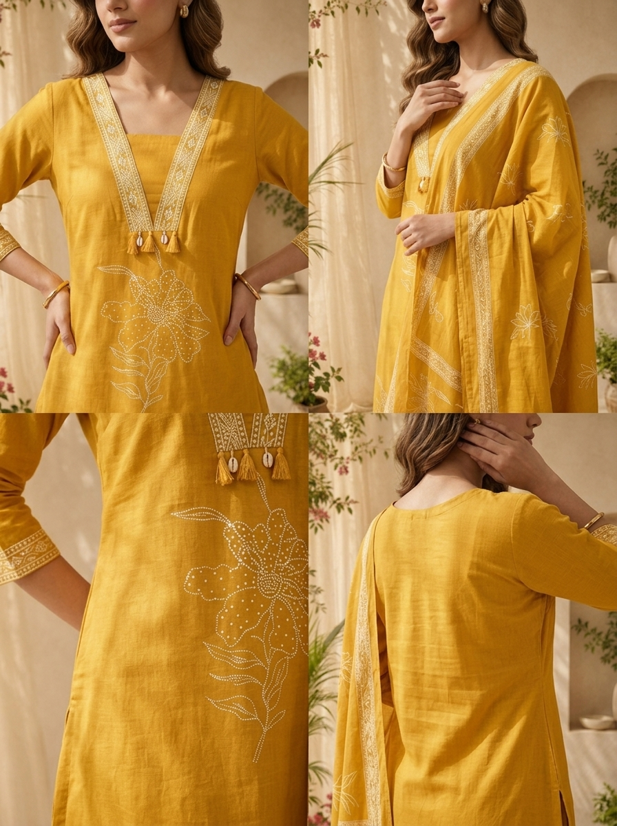 Mustard Floral Thread Embroidery And Patch Embroidery Cotton Three Piece Set