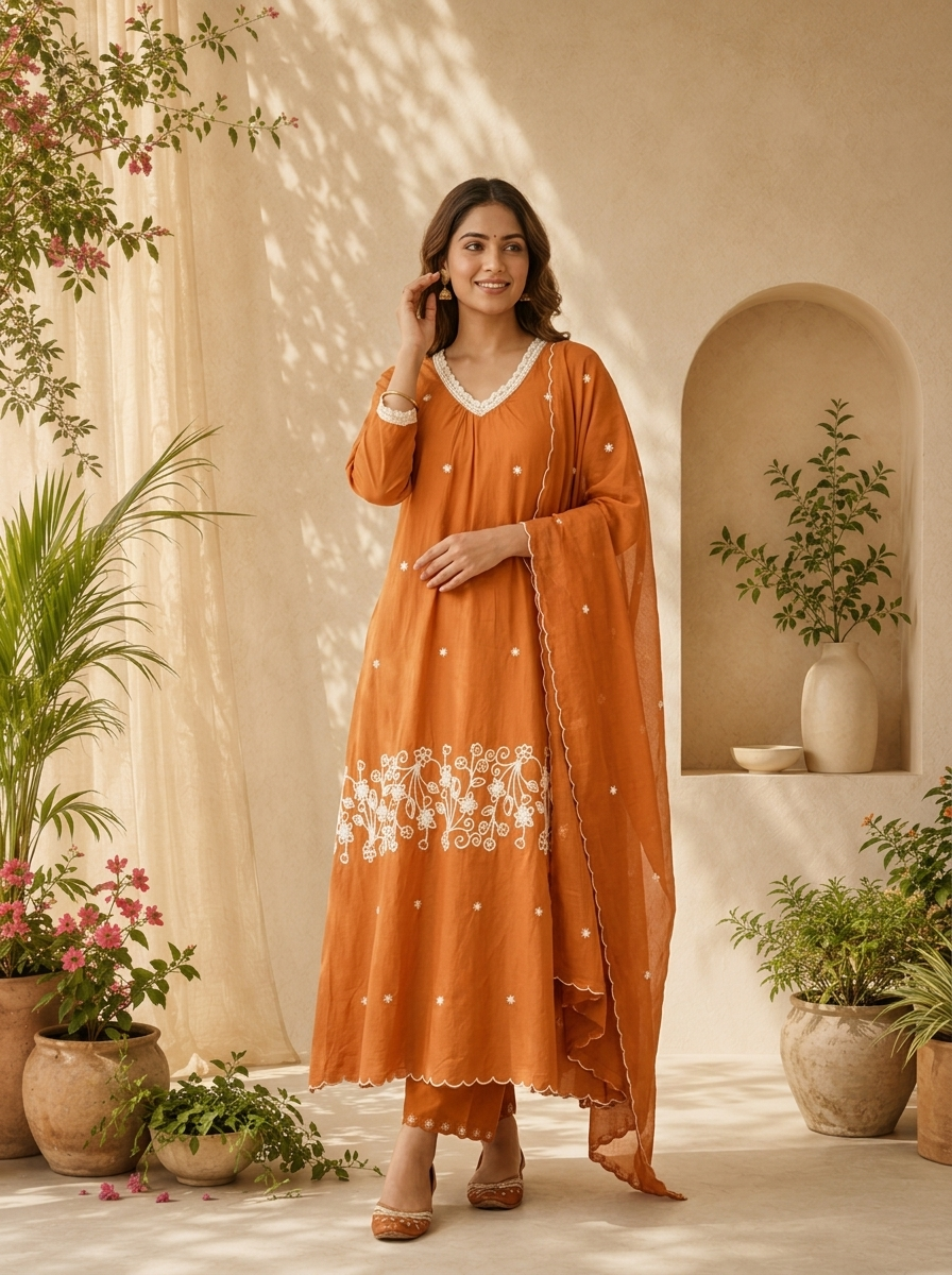 Rust Cotton Embroidered Three Piece Set With Coordinated Dupatta