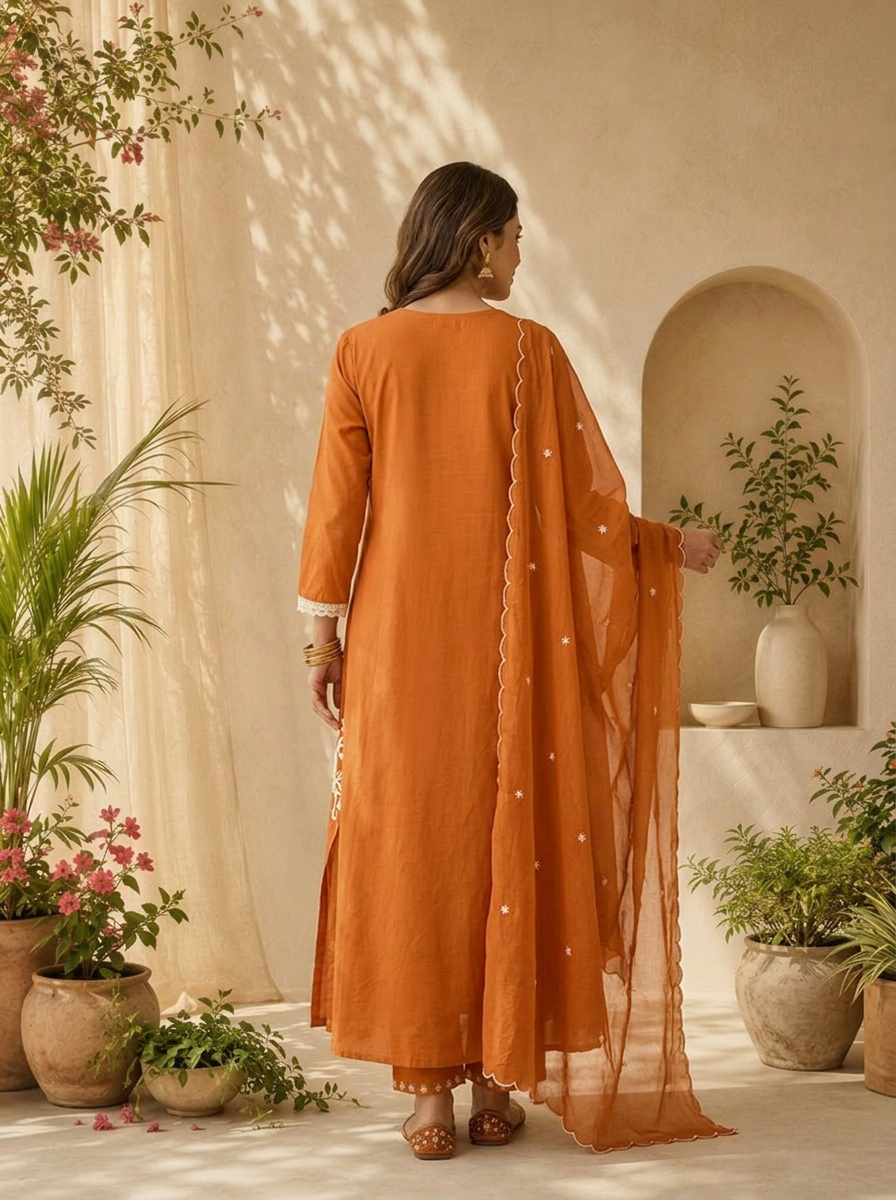 Rust Cotton Embroidered Three Piece Set With Coordinated Dupatta