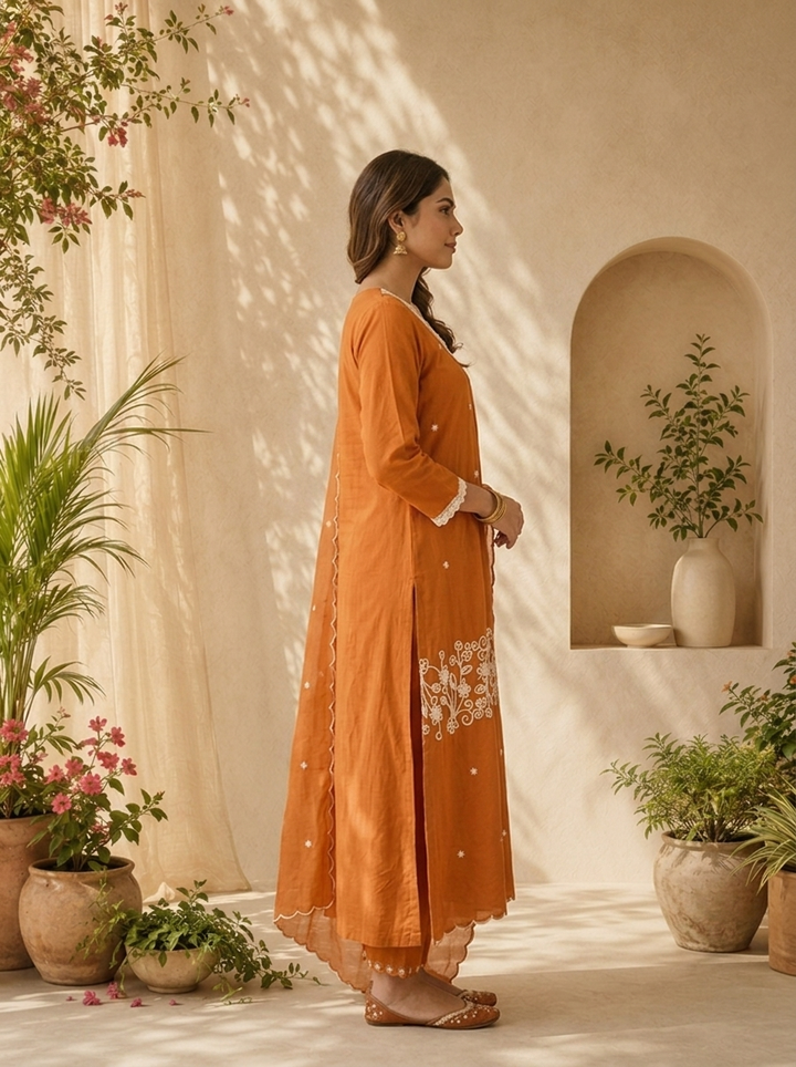 Rust Cotton Embroidered Three Piece Set With Coordinated Dupatta